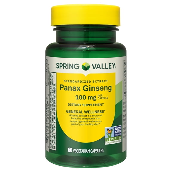 Spring Valley Standardized Extract Korean Panax Ginseng Dietary Supplement Vegetarian Capsules for General Wellness, 100 mg, 60 Count