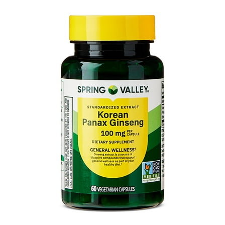 Spring Valley Standardized Extract Korean Panax Ginseng Dietary Supplement Vegetarian Capsules for General Wellness, 100 mg, 60 Count