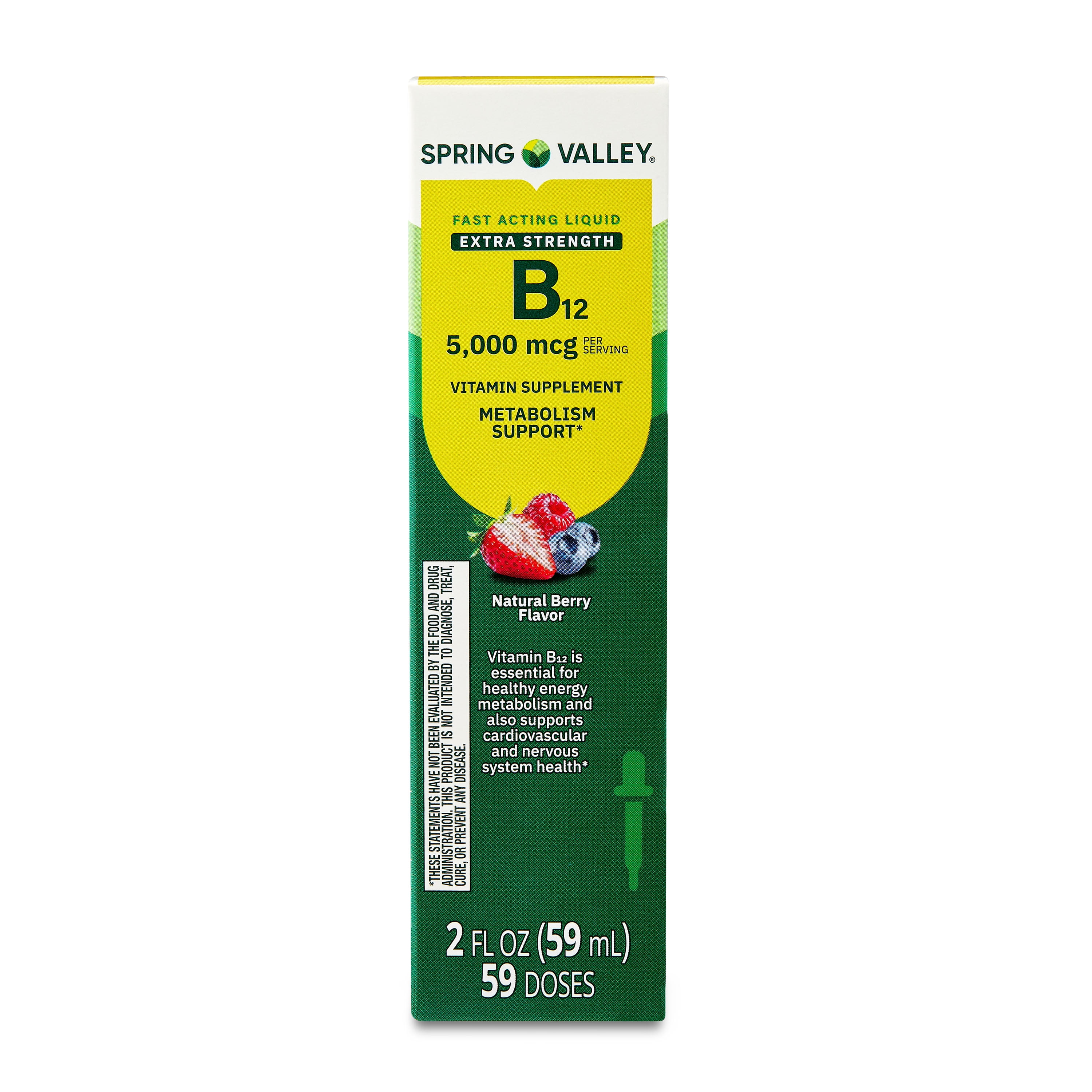 Spring Valley Extra Strength Vitamin B12 Supplement Fast Acting Liquid for Metabolism Support, 5000 mcg, Berry, 2 fl oz