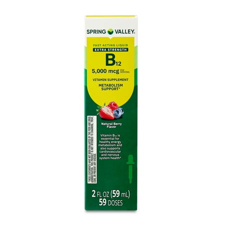 Spring Valley Extra Strength Vitamin B12 Supplement, 5000 mcg, Berry, 2 fl oz, Fast Acting Liquid for Metabolism Support