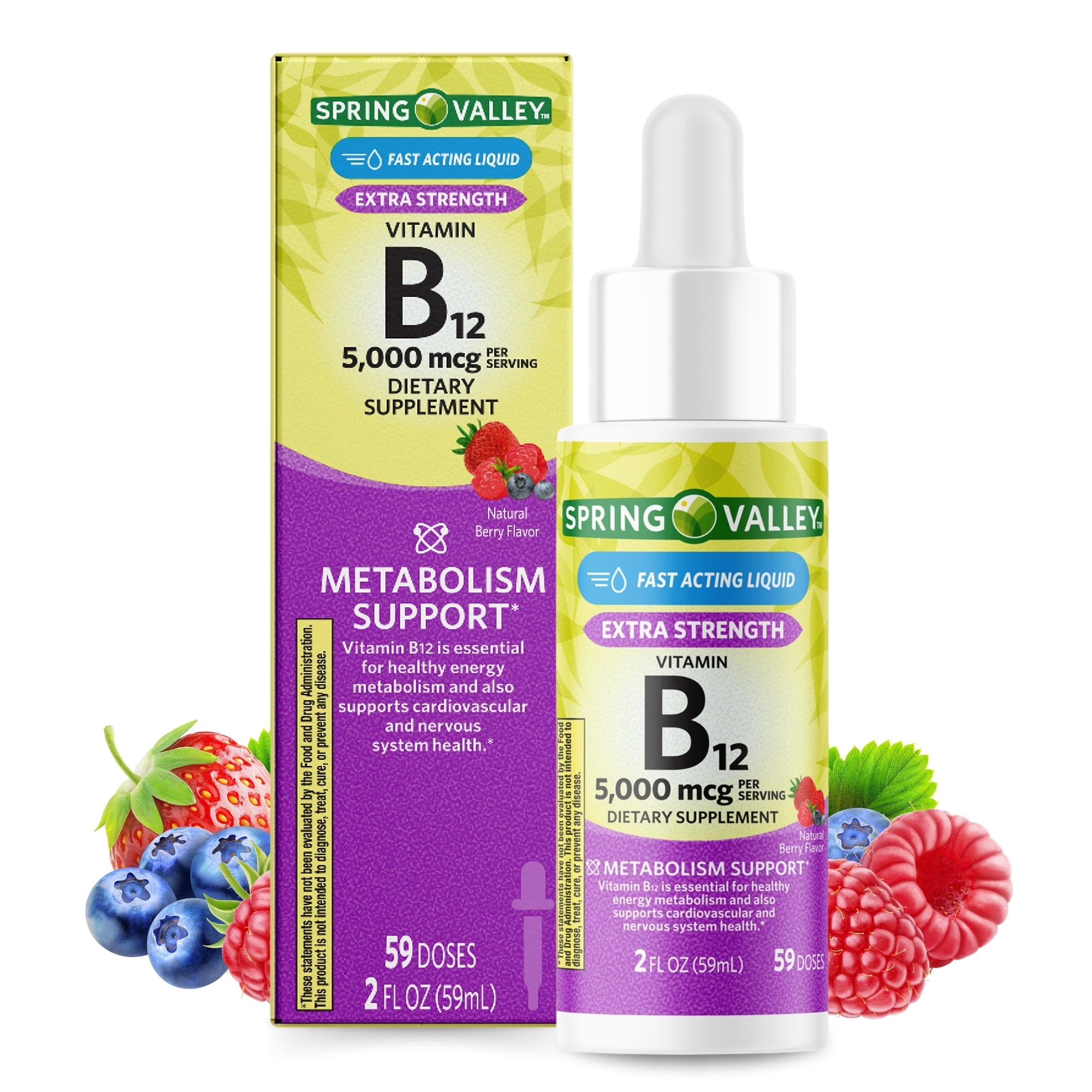 Spring Valley Liquid Vitamin B12, 5000mcg, Metabolism Supplement, Berry, 2 fl oz