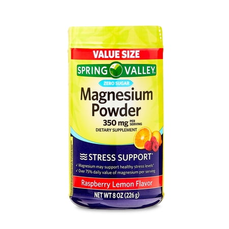 Spring Valley Magnesium Stress Support Dietary Supplement Powder, Raspberry Lemon Flavor, 350 mg, 8 oz