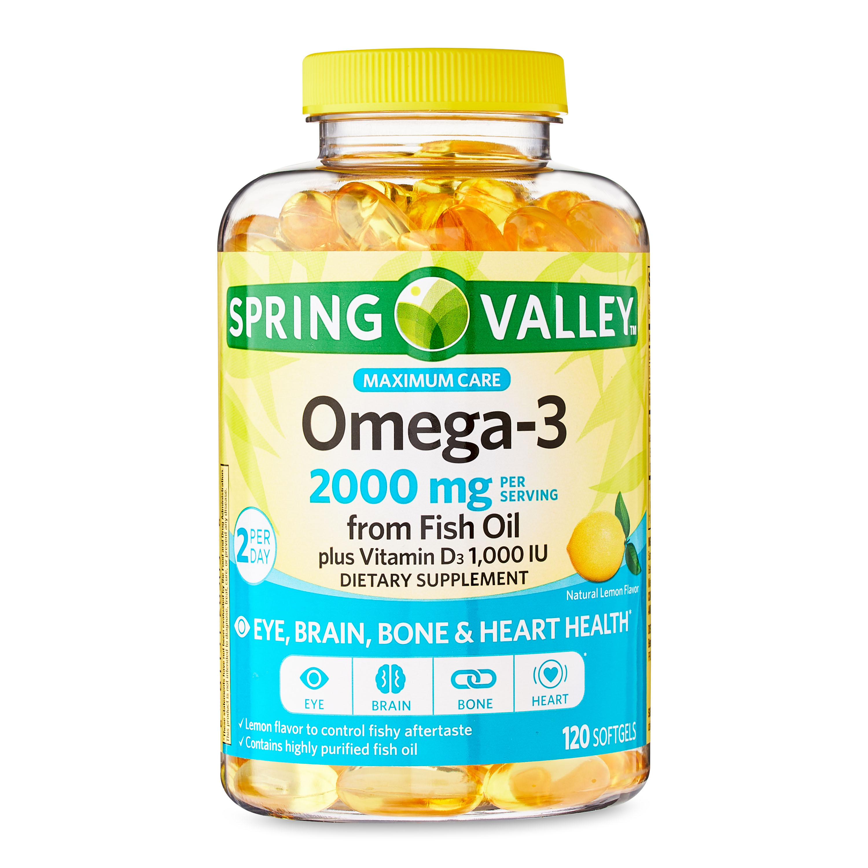 Spring Valley Maximum Care Omega-3 from Fish Oil Eye Brain Bone & Heart Health Dietary Supplement Softgels, 2000 mg, 120 Count - image 1 of 9