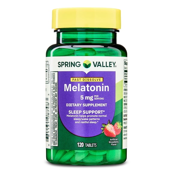 Spring Valley Fast-Dissolve Melatonin Sleep Support Dietary Supplement Tablets, Strawberry, 5 mg, 120 Count