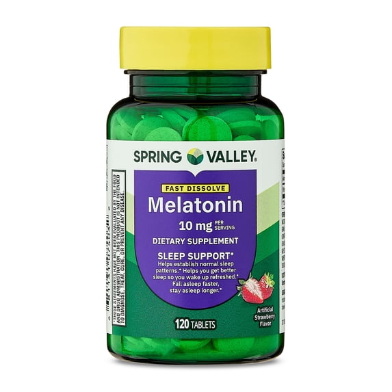 Spring Valley Fast-Dissolve Melatonin Sleep Support Dietary Supplement Tablets, Strawberry, 10 mg, 120 Count