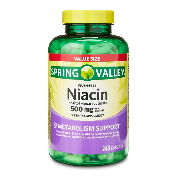 (2 pack) Spring Valley Flush Free Niacin Dietary Supplement Capsules for Metabolism Support, 500 mg, 240 Count