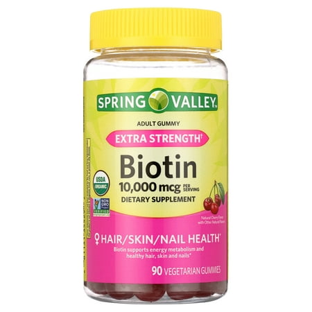 Spring Valley Non GMO Biotin Dietary Supplement Gummies, Cherry, 10000 mcg, 90 Count