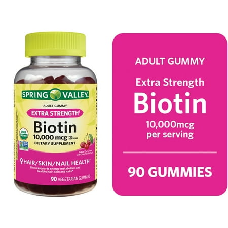 Spring Valley Organic Extra Strength Biotin Vegetarian Gummies for Hair/Skin/Nail Health, Cherry, 10000 mcg, 90 Count