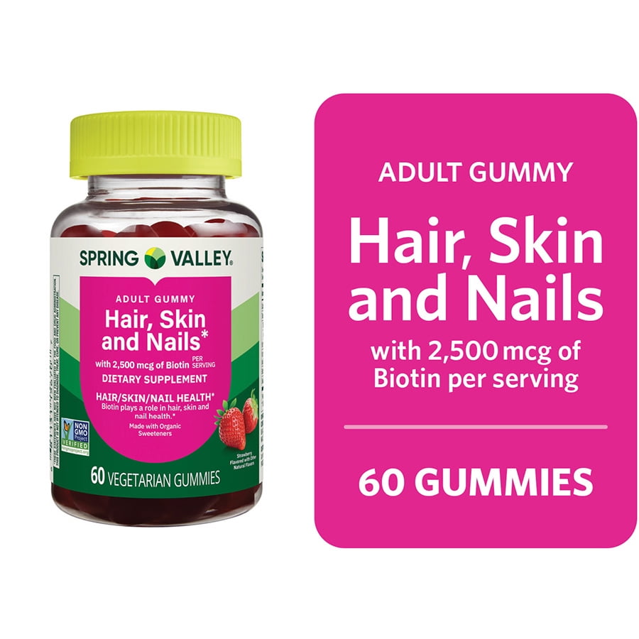 Spring Valley Organic Biotin Vegetarian Gummies, Strawberry Flavor, 2500mcg, 60 Count