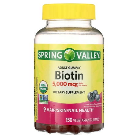 Spring Valley Non GMO Biotin Vegetarian Gummies, Blueberry, 5000 mcg, 150 Count