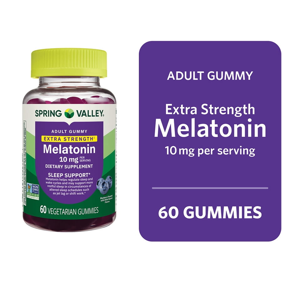 Spring Valley Non GMO Melatonin Sleep Support Dietary Supplement Gummies, Blueberry, 10 mg, 60 Count