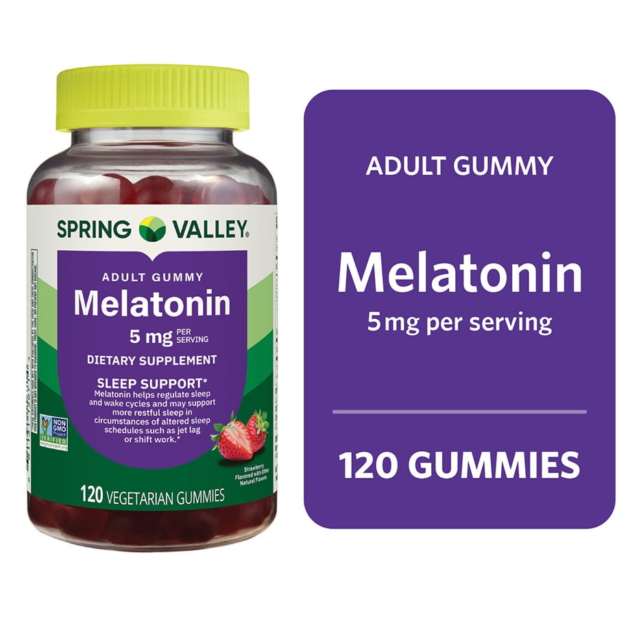 Spring Valley Non GMO Melatonin Sleep Support Dietary Supplement Gummies, Strawberry, 5 mg, 120 Count