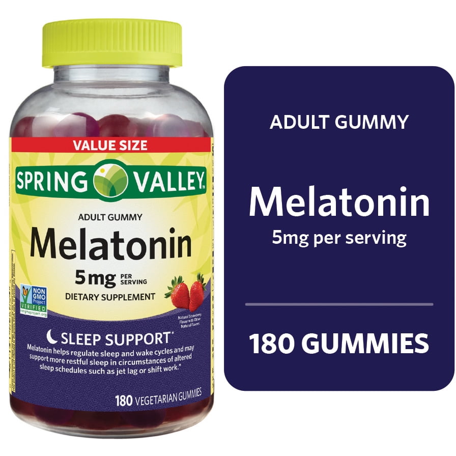 Spring Valley Non GMO Melatonin Dietary Supplement Gummies, Strawberry, 5 mg, 180 Count