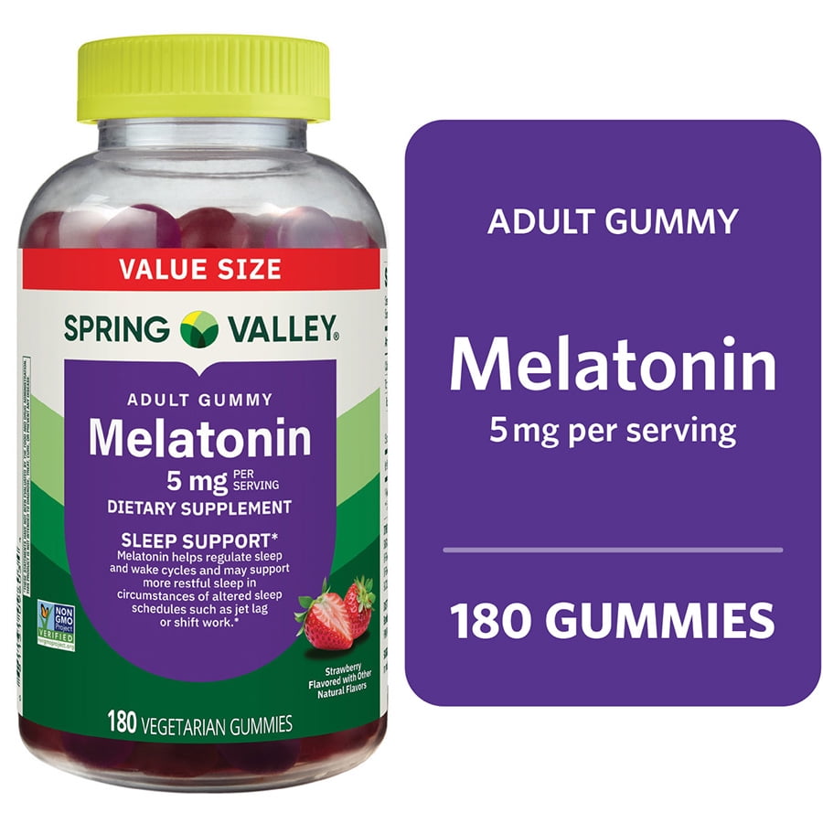 Spring Valley Non GMO Melatonin Sleep Support Dietary Supplement Gummies, Strawberry, 5 mg, 180 Count