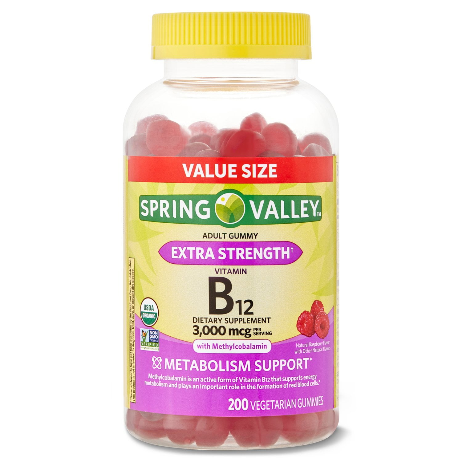 Spring Valley Non GMO Vitamin B12 Vegetarian Gummies, Raspberry, 3000 mcg,  200 Count Value Size 