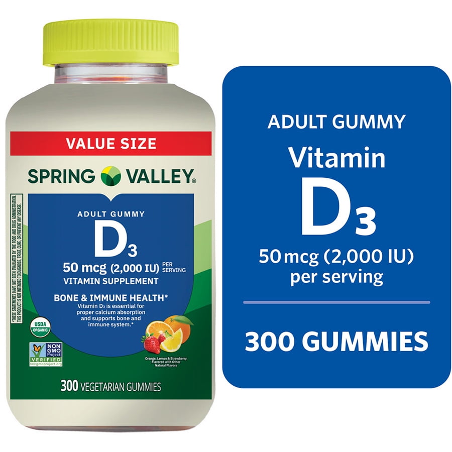 Spring Valley Vitamin D3 Supplement Vegetarian Gummies for Bone and Immune Health, Assorted Fruits, 50 mcg, 300 Count