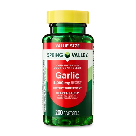 Spring Valley Odor-Controlled Garlic Dietary Supplement Softgels for Heart Health, 1000 mg, 200 Count
