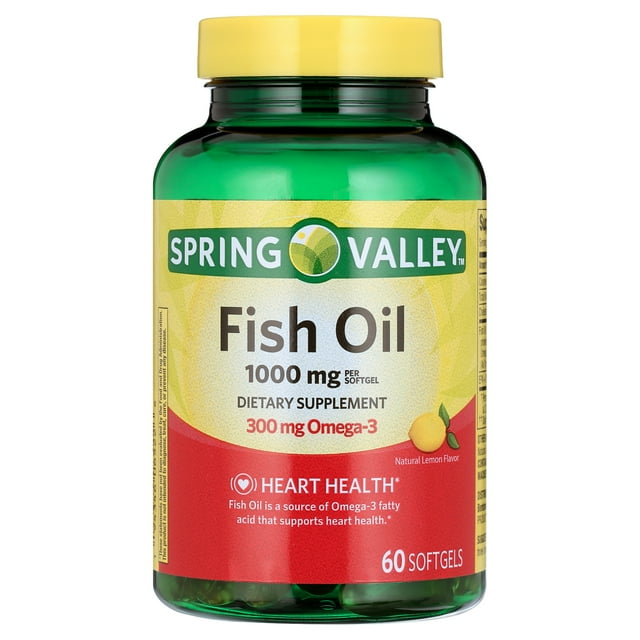 Spring Valley Omega3 Fish Oil Soft Gels, Heart Health Dietary Supplement, 1000 mg, 60 Count