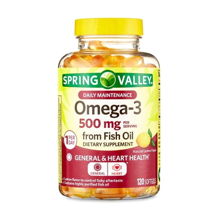Spring Valley Omega-3 Fish Oil Softgels, Lemon, 500 mg, 120 Count