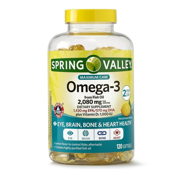 Spring Valley Omega-3 Fish Oil + Vitamin D3 1000 IU Softgels, Maximum Care, 2080 Mg, 120 Ct