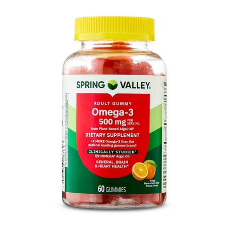 Spring Valley Omega-3 Gummies from Plant-Based Algal Oil for Brain and Heart Health, 500mg, 60 Count