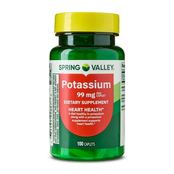 Spring Valley Potassium Dietary Supplement Caplets for Heart Health, 99 mg, 100 Count