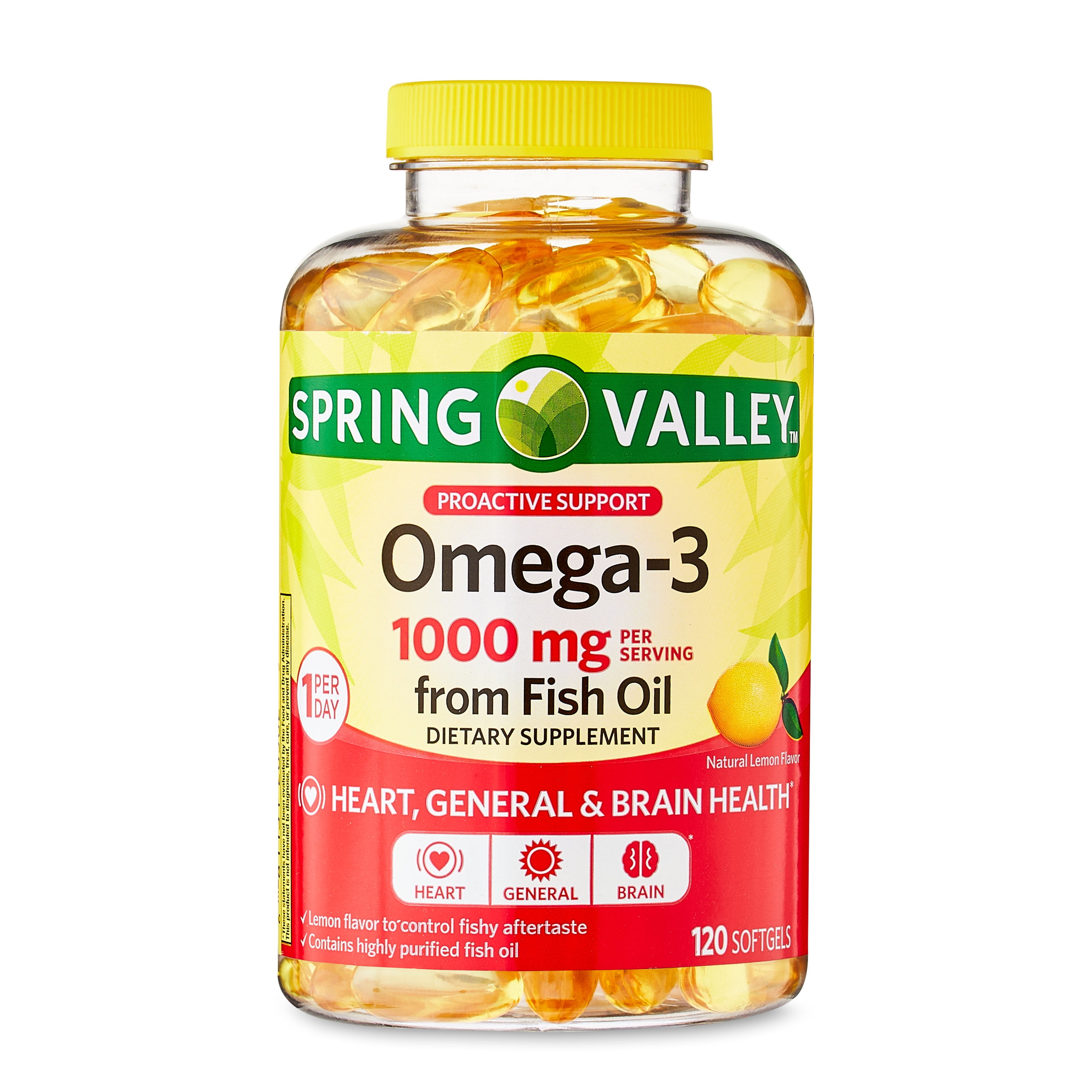 Spring Valley Proactive Support Omega-3 from Fish Oil Heart General & Brain  Health Dietary Supplement Softgels, 1000 mg, 120 Count 