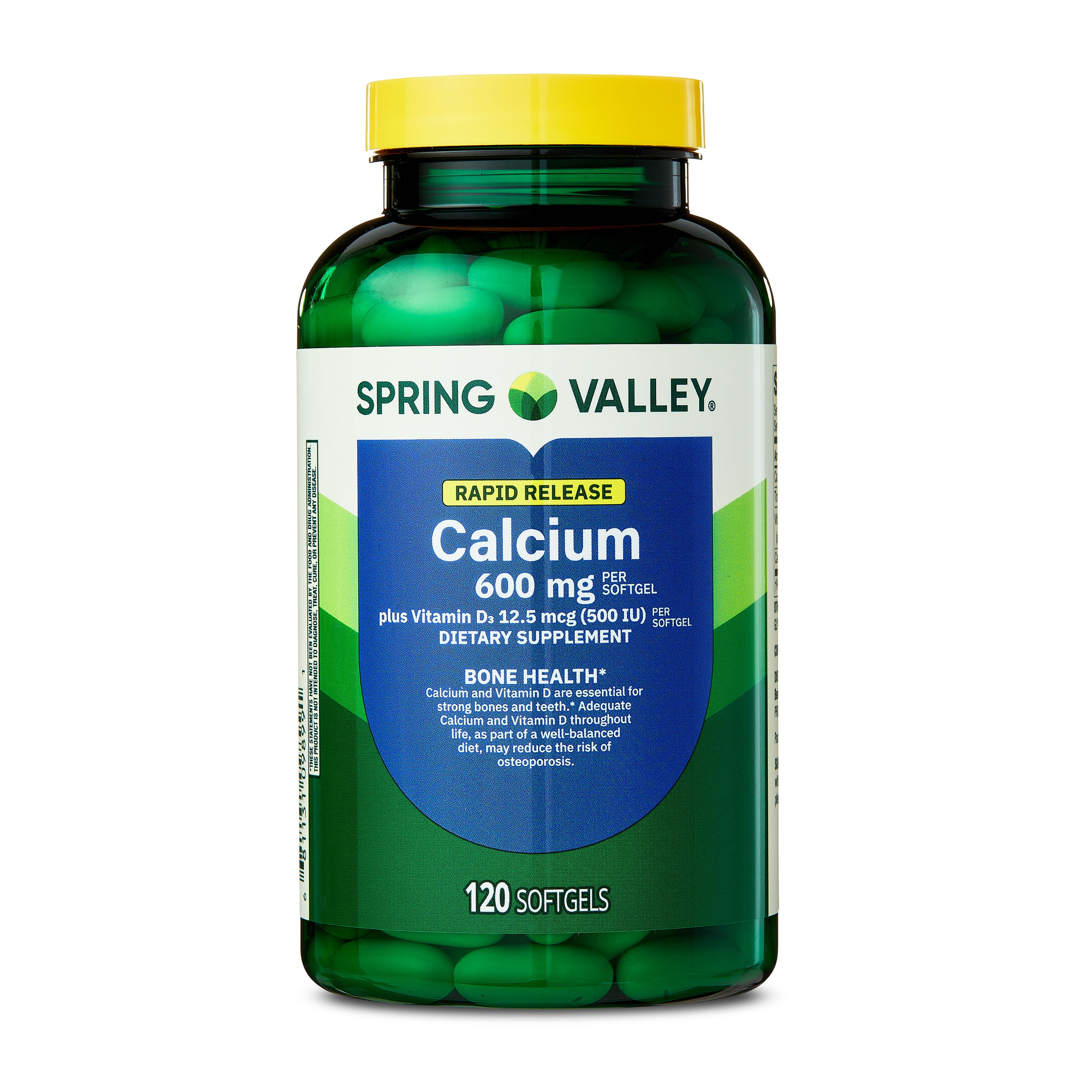 Spring Valley Rapid-Release Calcium Dietary Supplement, Softgel Capsules, Bone Health, 600 mg, 120 Count