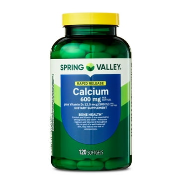 Spring Valley Rapid-Release Calcium Dietary Supplement, Softgel Capsules, Bone Health, 600 mg, 120 Count
