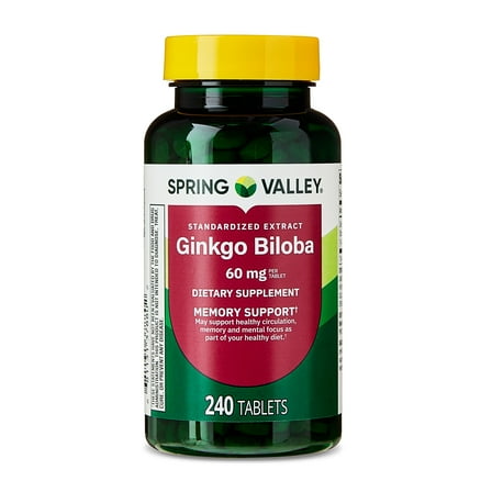 Spring Valley Standardized Extract Ginkgo Biloba Dietary Supplement Tablets for Memory Support, 60 mg, 240 Count