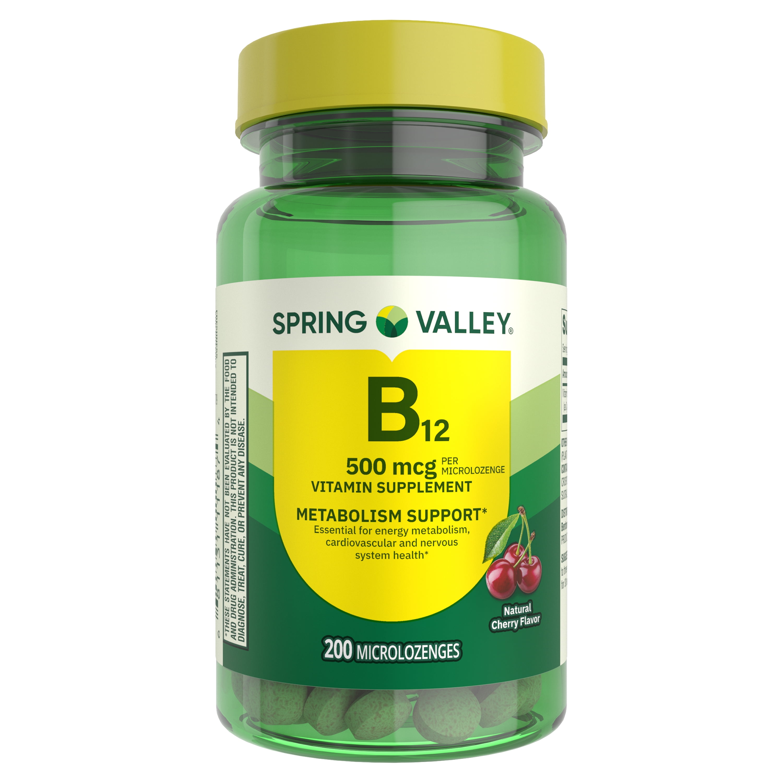 Spring Valley Sublingual Vitamin B12 Supplement Microlozenges for Metabolism Support, Cherry Flavor, 500 mcg, 200 Count