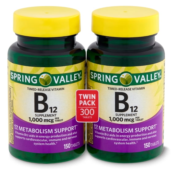 Spring Valley Vitamin B12 Timed-Release Tablets, 1000 mcg, 150 Ct, 2 Pack