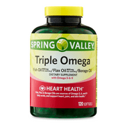 Spring Valley Triple Omega, Fish Oil 800mg, Flax Oil 800mg, and Borage Oil Softgels, Heart Health Dietary Supplement, 120 Count