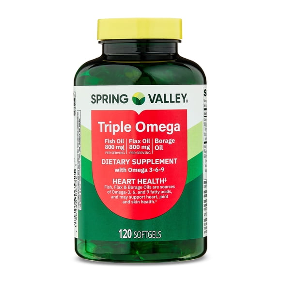 Spring Valley Triple Omega, Fish 800mg, Flax 800mg, and Borage Oil Softgels, Heart Health Supplement, 120 Count