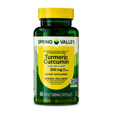 Spring Valley Turmeric Curcumin Complex with CurcuWIN Dietary Supplement Vegetarian Capsules for General Wellness, 550 mg, 60 Count