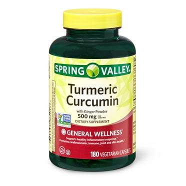 Spring Valley Turmeric Curcumin with Ginger Powder Dietary Supplement Vegetarian Capsules for General Wellness, 500 mg, 180 Count