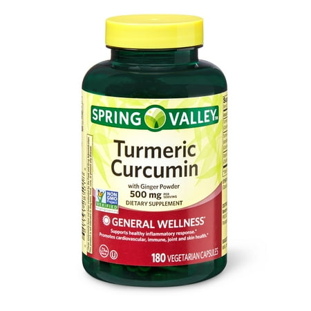 Spring Valley Turmeric Curcumin with Ginger Powder Dietary Supplement Vegetarian Capsules for General Wellness, 500 mg, 180 Count