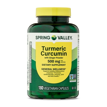 Spring Valley Turmeric Curcumin with Ginger Powder Dietary Supplement Vegetarian Capsules for General Wellness, 500 mg, 180 Count