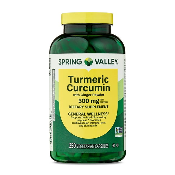 Spring Valley Turmeric Curcumin with Ginger Powder Dietary Supplement Vegetarian Capsules for General Wellness, 500 mg, 250 Count