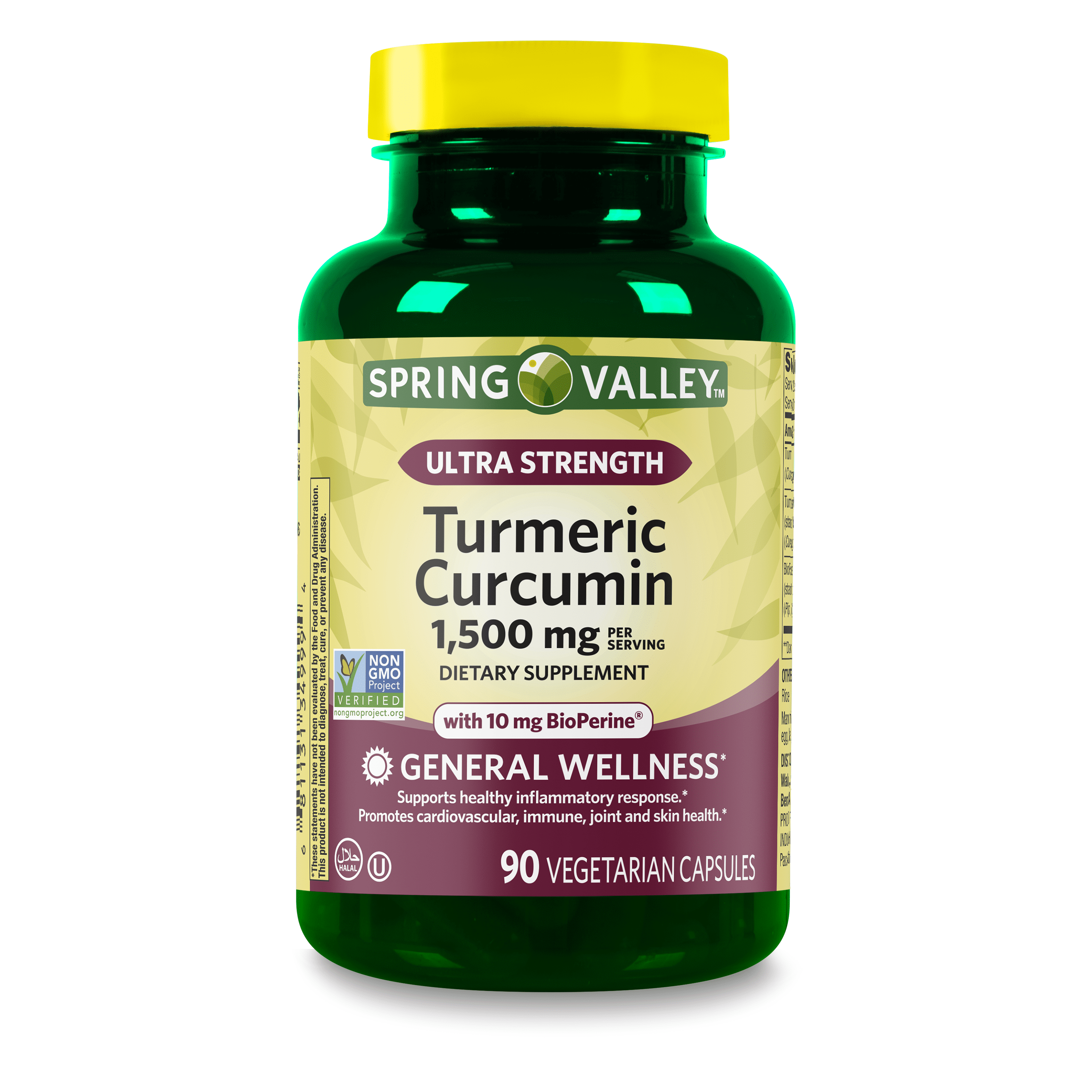 Spring Valley Ultra Strength Turmeric Curcumin General Wellness Dietary Supplement Vegetarian Capsules, 1,500 mg, 90 Count