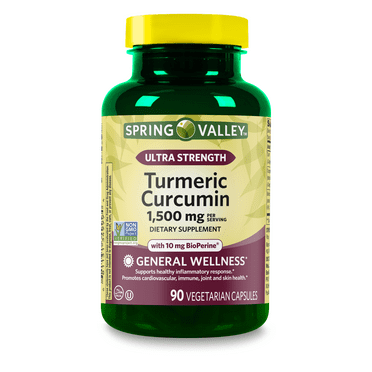 Spring Valley Ultra Strength Turmeric Curcumin General Wellness Dietary Supplement Vegetarian Capsules, 1,500 mg, 90 Count