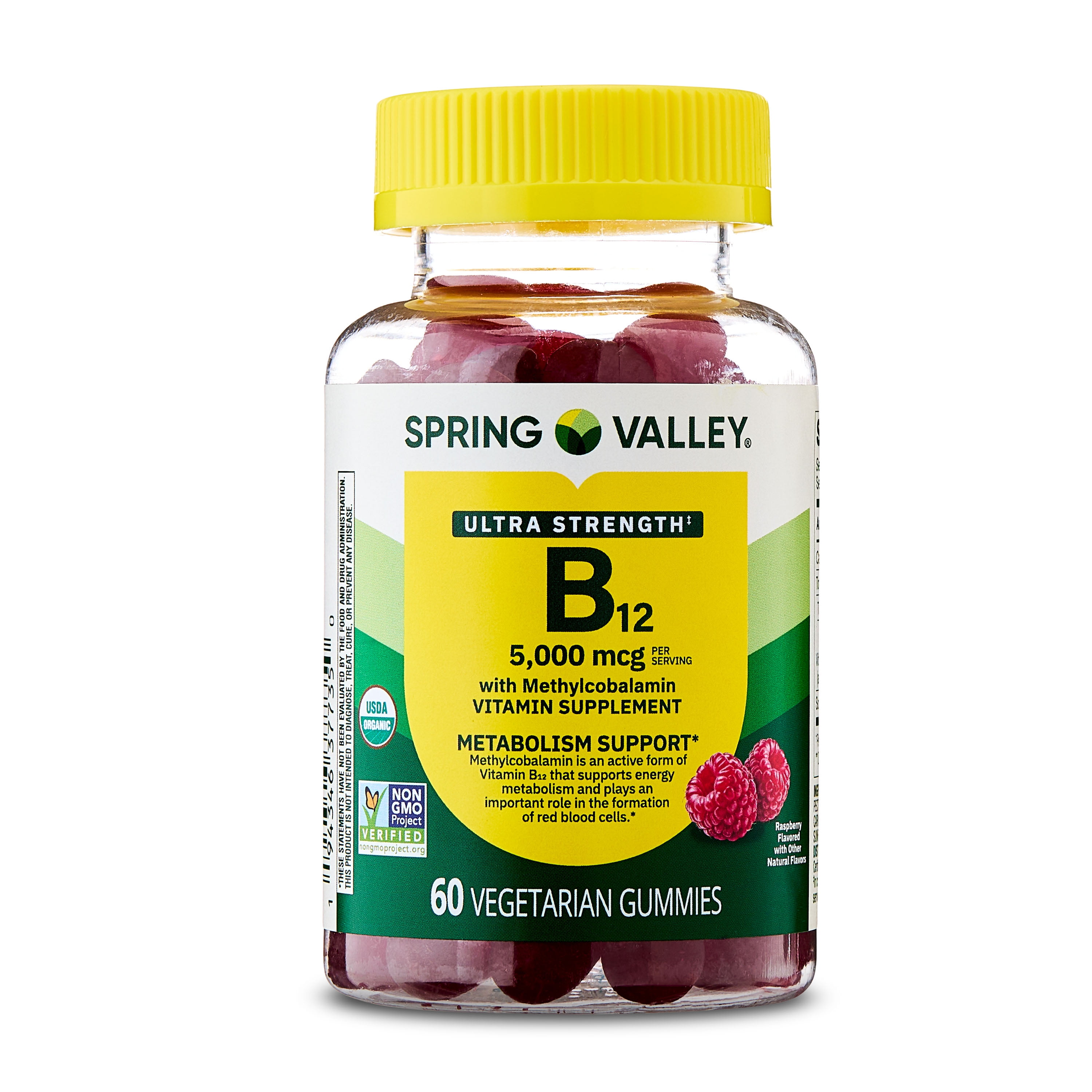 Spring Valley Ultra Strength Vitamin B12 with Methylcobalamin Vitamin Supplement Vegetarian Gummies for Metabolism Support, Raspberry Flavor, 5000 mcg, 60 Count