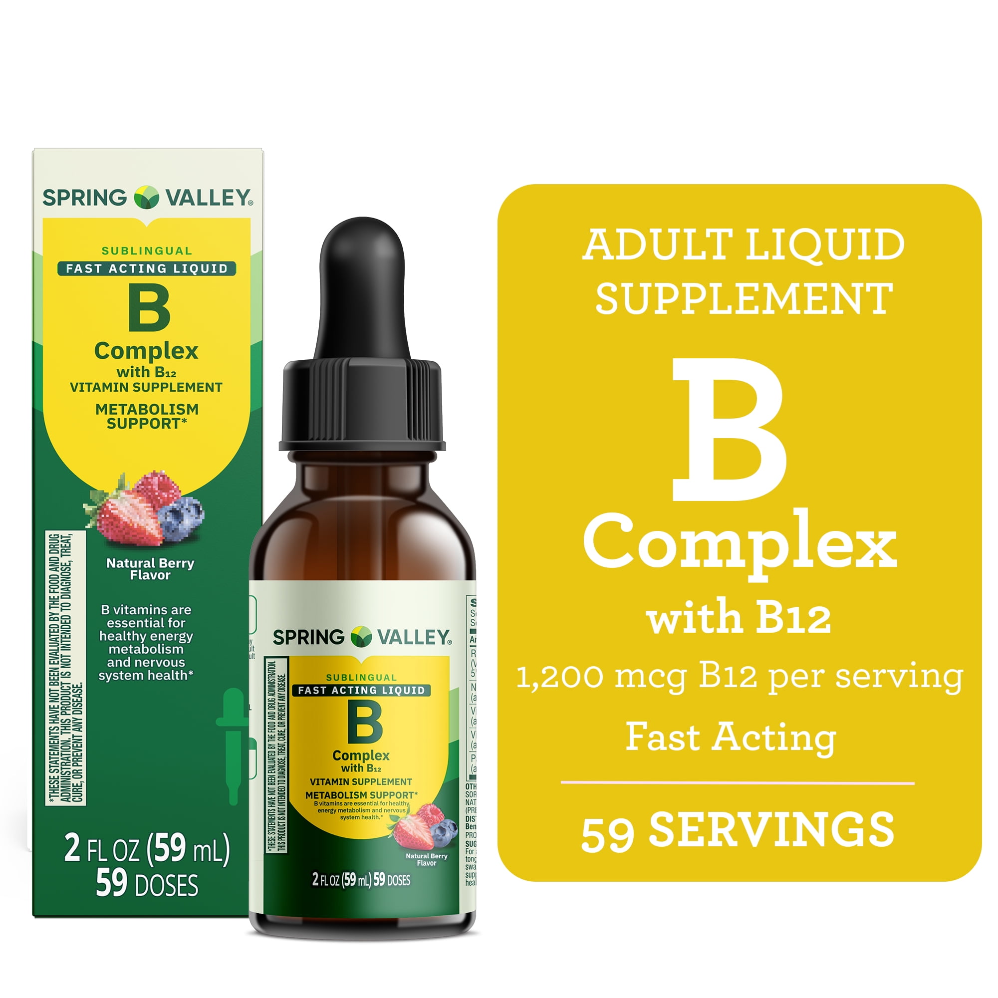 Spring Valley Sublingual Vitamin B Complex with B12 Dietary Supplement for Metabolism Support, Berry Flavor, 2 fl oz
