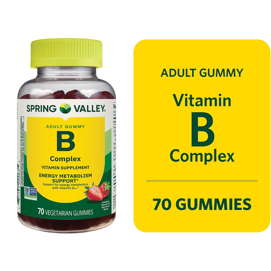 Spring Valley B Complex Vitamin Supplement Vegetarian Gummies for Energy Metabolism Support, Strawberry, 70 Count