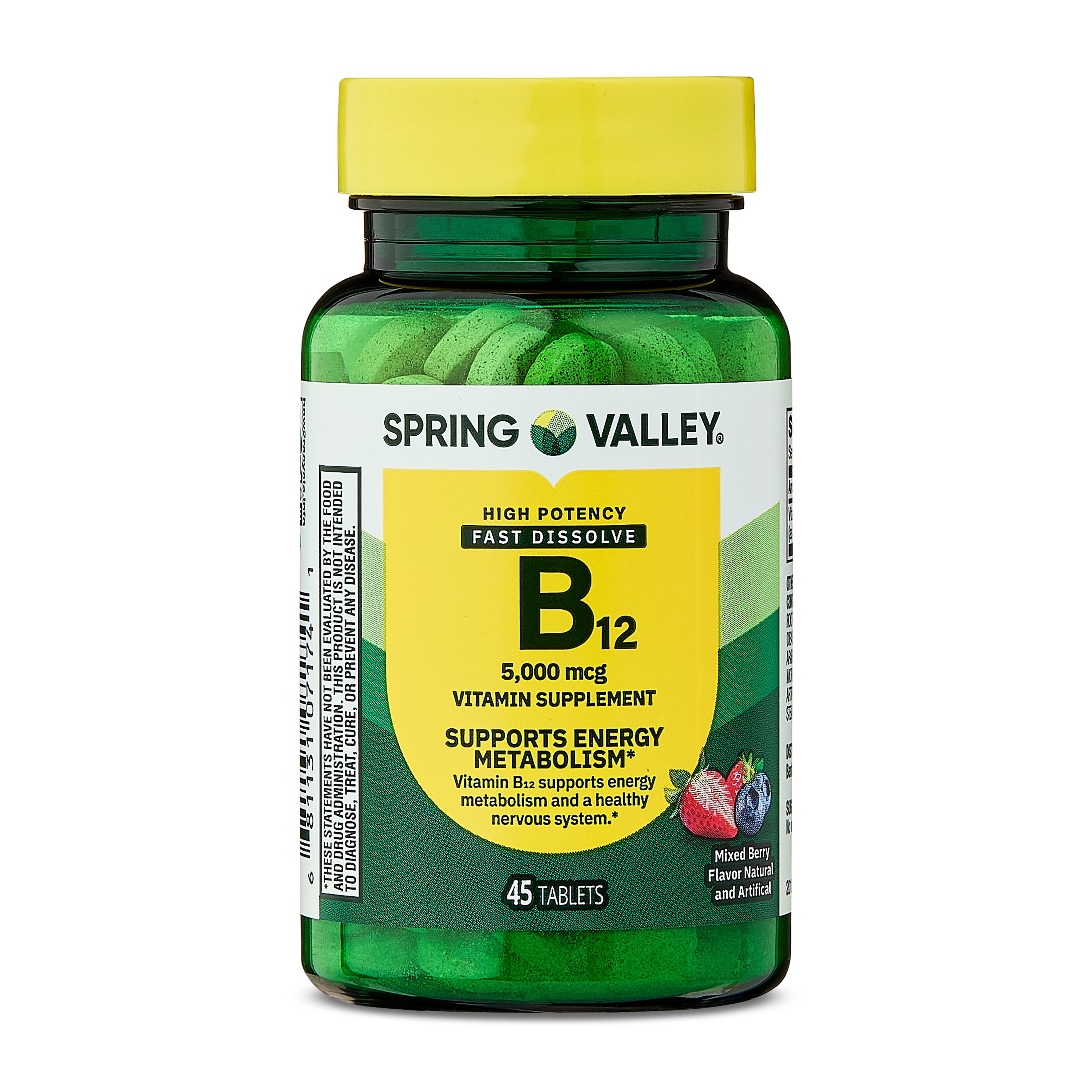 Spring Valley Extra Strength Vitamin B12 Supplement Fast Dissolve Tablets for Metabolism Support, Mixed Berry, 5000 mcg, 45 Count