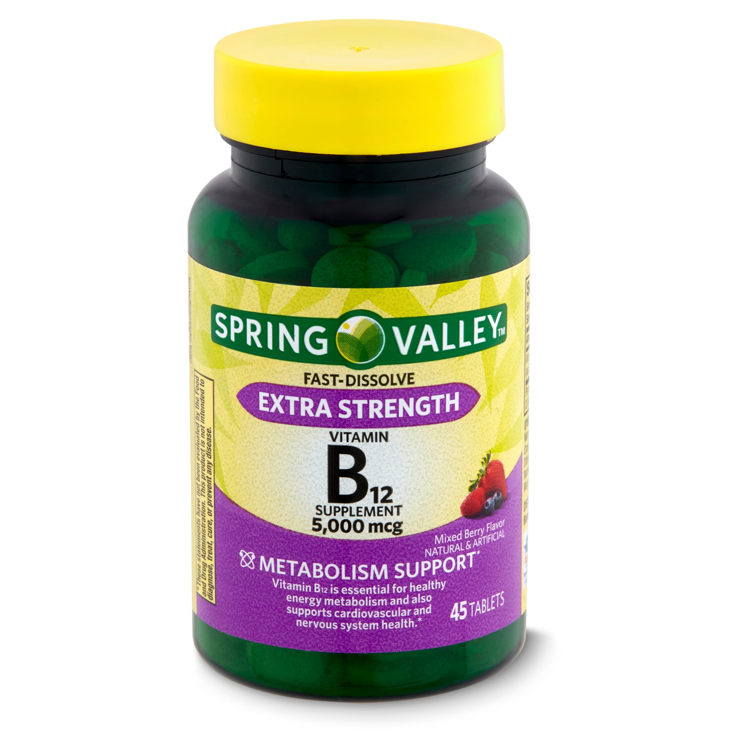 Spring Valley Extra Strength Vitamin B12 Supplement Fast Dissolve Tablets for Metabolism Support, Cherry, 5000 mcg, 60 Count