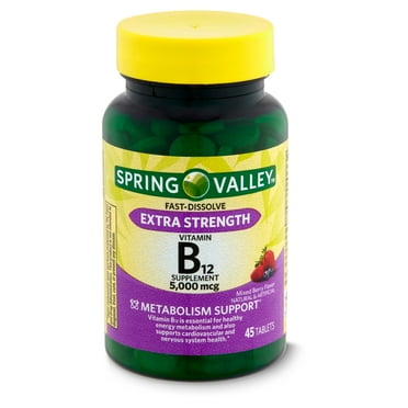 Spring Valley Extra Strength Vitamin B12 Supplement Fast Dissolve Tablets for Metabolism Support, Cherry, 5000 mcg, 60 Count