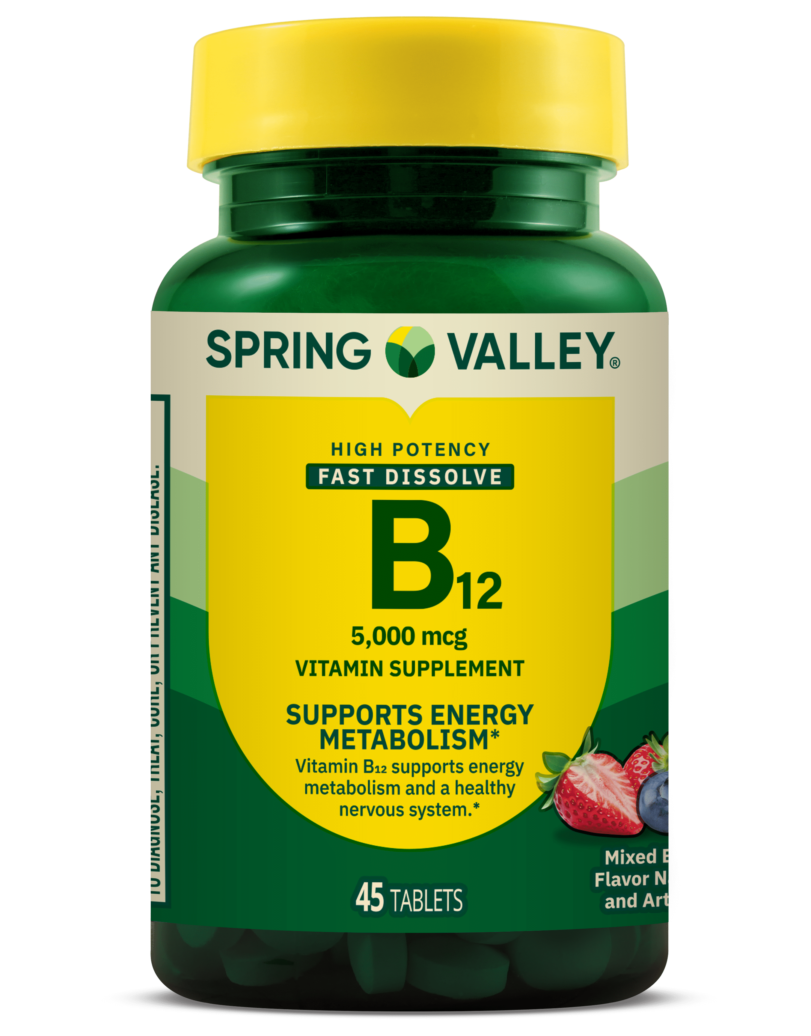 Spring Valley Extra Strength Vitamin B12 Supplement Fast Dissolve Tablets for Metabolism Support, Cherry, 5000 mcg, 60 Count