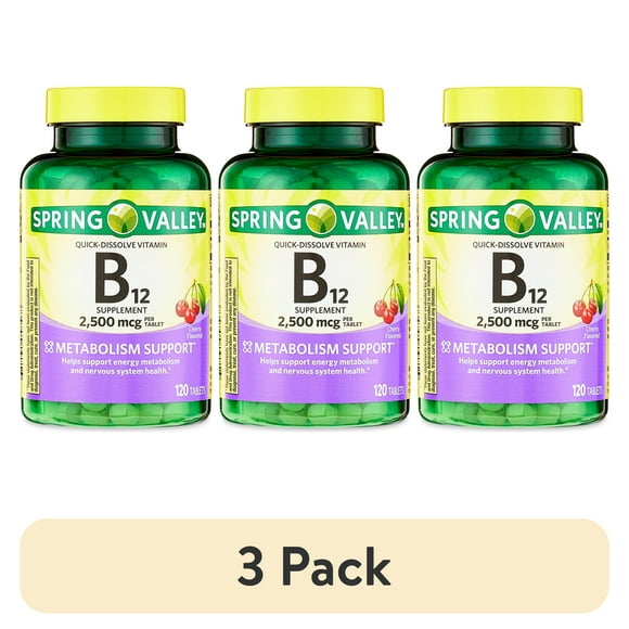 (3 pack) Spring Valley Vitamin B12 Quick-Dissolve Tablets Dietary Supplement, 2,500 Mcg, Cherry, 120 Count