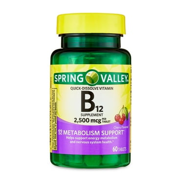 Spring Valley Vitamin B12 Supplement Quick-Dissolve Tablets, 2500 mcg, Cherry, 60 Count